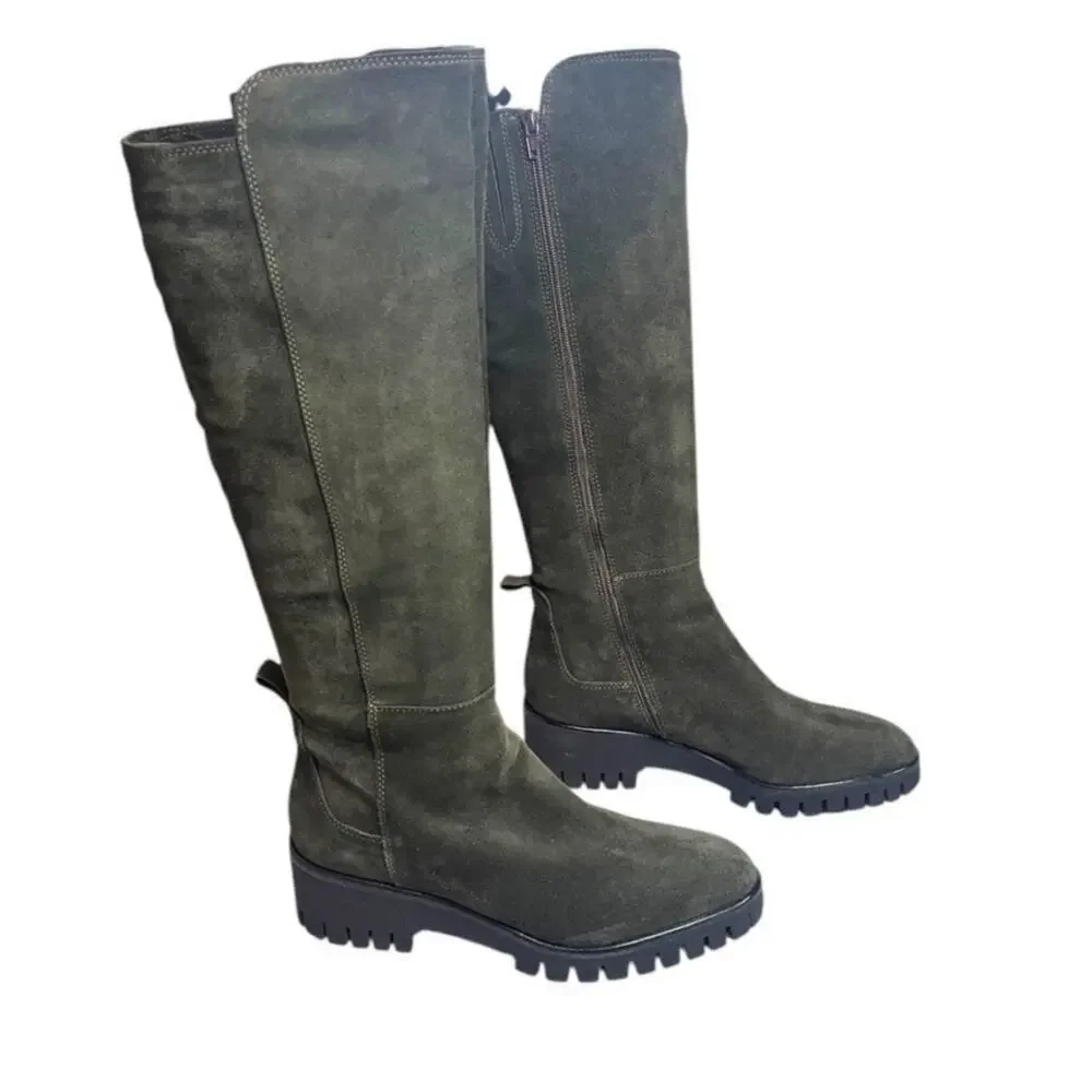 Dusano Women’s Size 38 Knee-High Suede Boots – Olive Green – Made in Romania